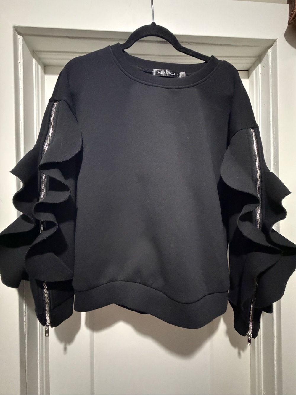 Gabby Isabella Black Ruffle Zip-Sleeve Sweatshirt